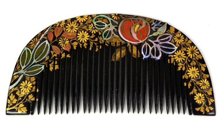 Japanese antique wooden comb with golden flowers and persimmon motif