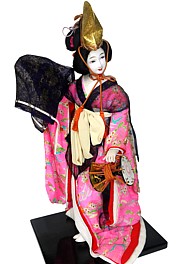 japanese antique silk face doll with  high golden hat . The Japonic Online Store
