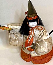 Japanese antique doll of a young courtier dancer with katana sword, 1930-50's