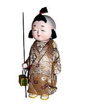 japanese kimekomi doll of a Boy with twig, 1950's