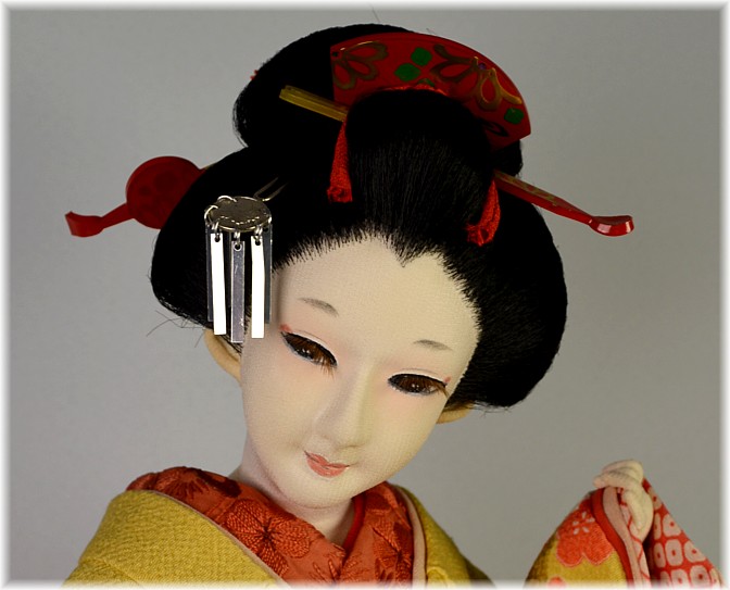 Japanese antique silk face doll in yellow kimono, 1950's