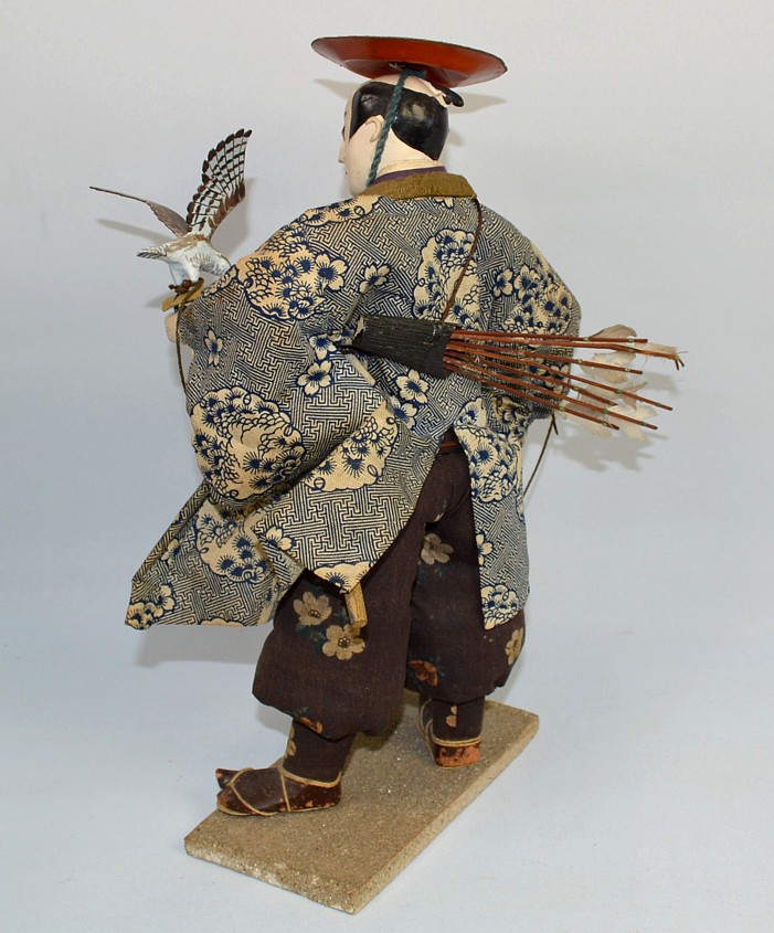 japanese antique wooden carved dool of Nobleman in hunting outfit and with falcon on his hand, 1850's