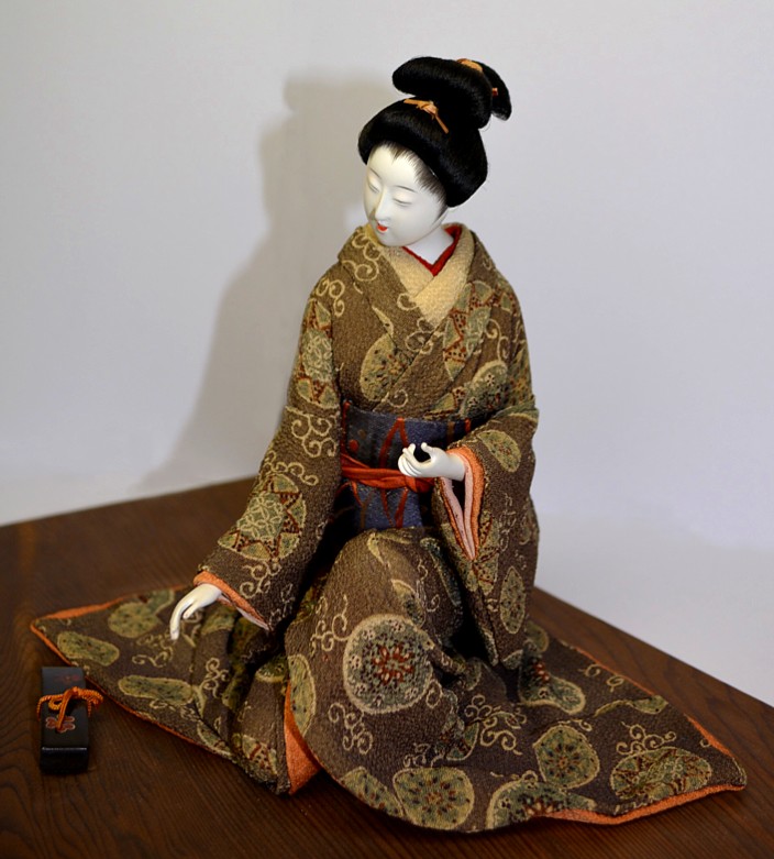 young japanese lady with writing box, Japanese antique doll
