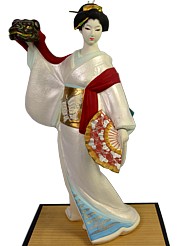 geisha dancing with Lion mask, Japanese ceramic doll
