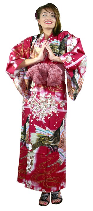 Japanese cotton kimono KAMAKURA, vinous color