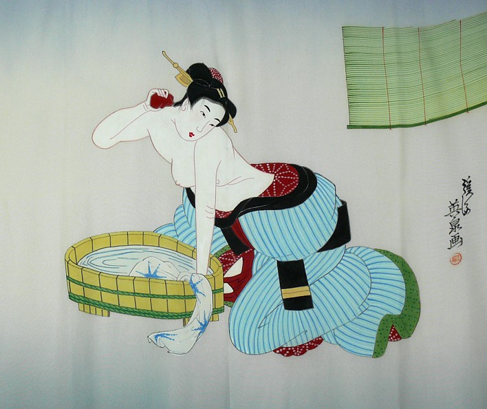 Japanese young woman bathing, pucture on  kimono back