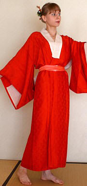 japanese woman's traditional  scarlet silk kimono, antique