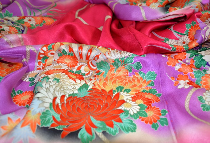japanese traditional hand painted silk kimono, vintage
