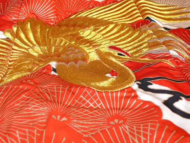 japanese traditional wedding kimono: detail of embroidery